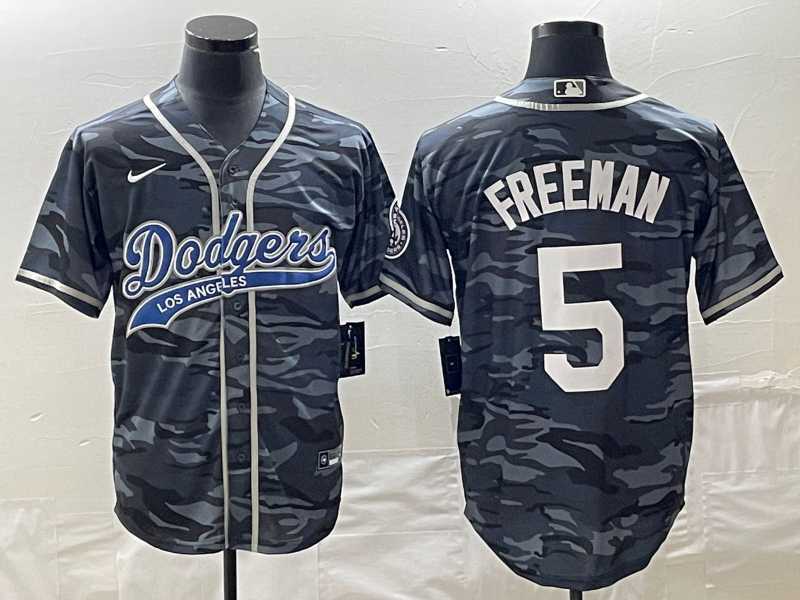 Mens Los Angeles Dodgers #5 Freddie Freeman Gray Camo Cool Base With Patch Stitched Baseball Jersey